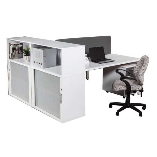 Euro Benching 2 Way Workstation with Side Roller Door Storage Cabinet